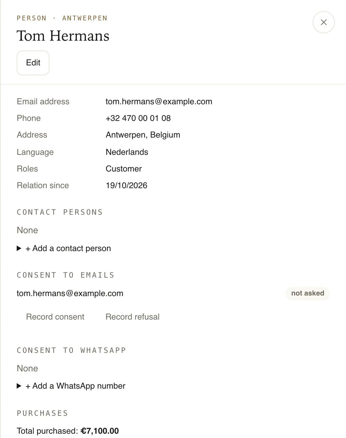 A customer with their purchases, their repairs and their consent for e-mail.
