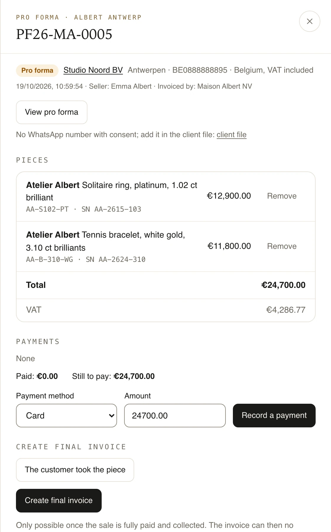 A pro forma with two pieces, the VAT regime and the balance still to pay.