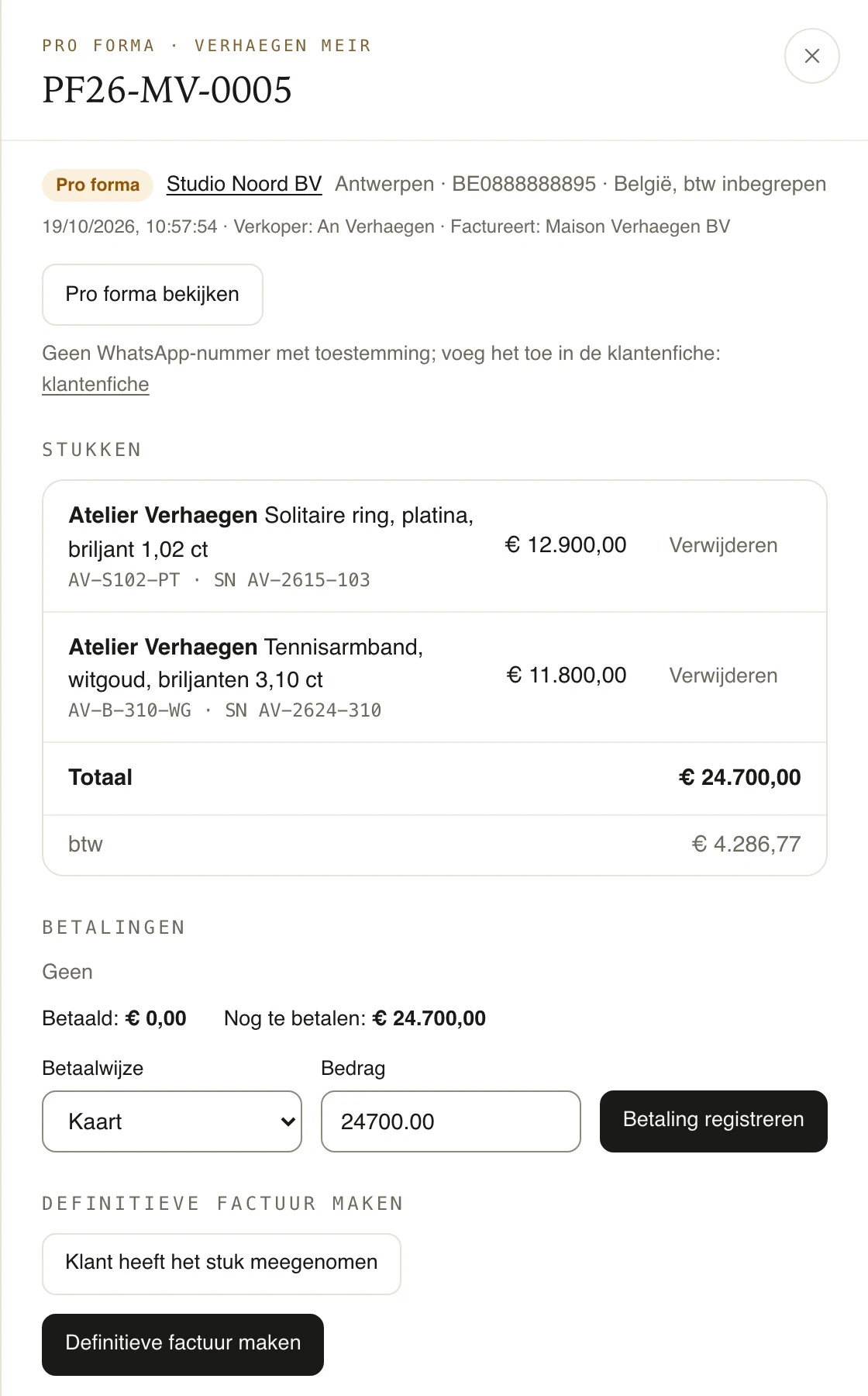Een pro forma met twee stukken, het btw-regime en wat er nog te betalen is.