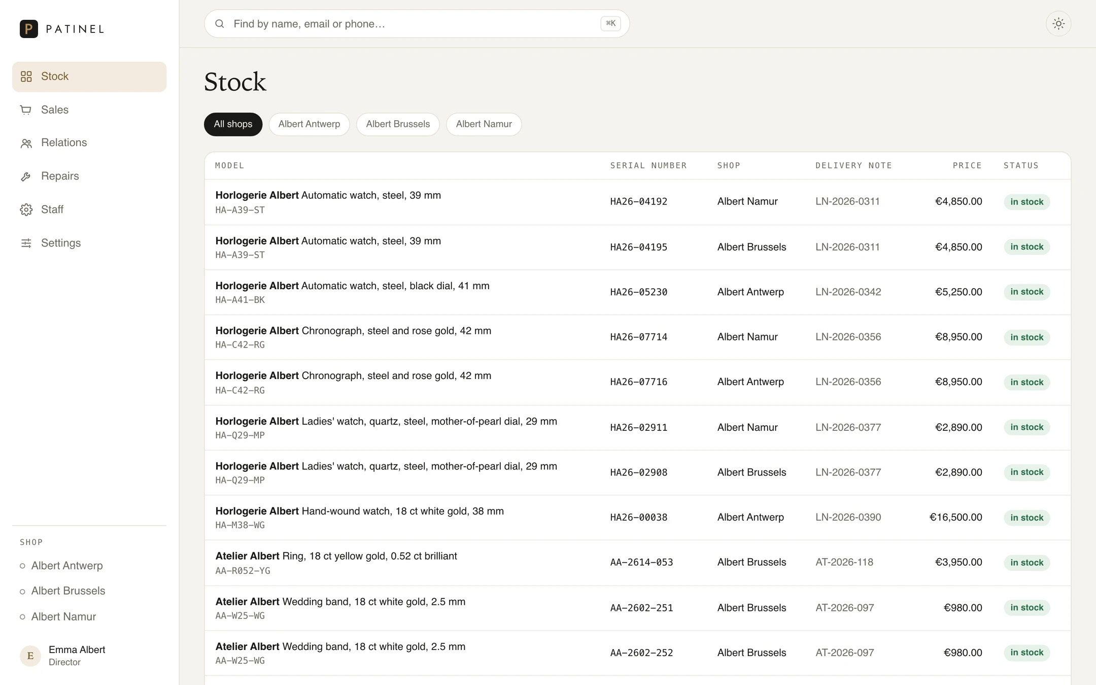 The stock of a fictional shop: every piece with its serial number, shop and status.